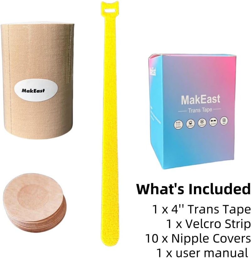 MakEast Trans Tape for Transitioning Extra Wide Chest Binding Tape Latex Free FTM Chest Binder with Nipple Covers - Image 4